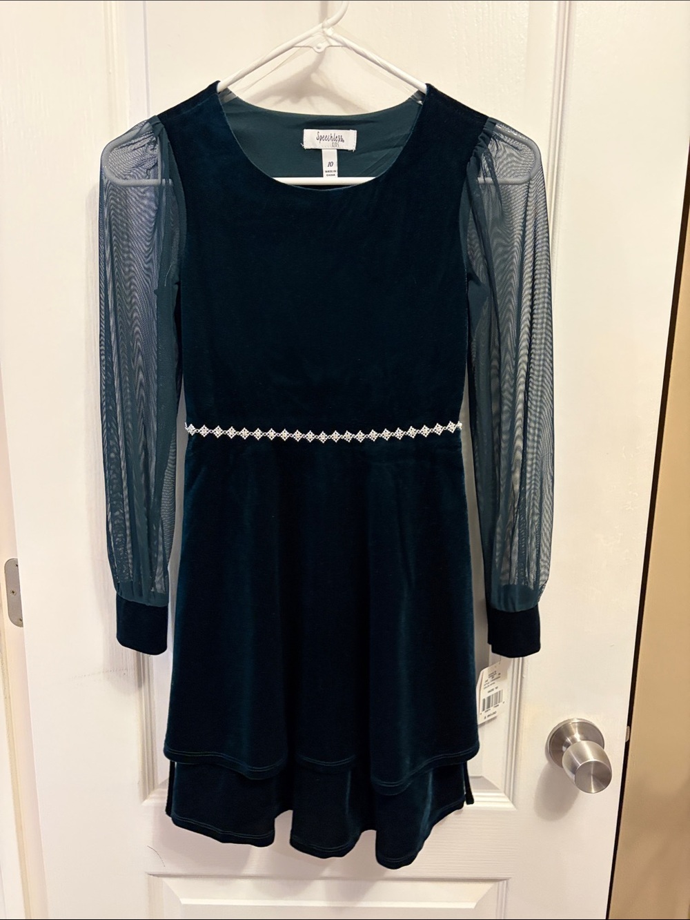 Speechless Girls Navy Velvet Dress with Sheer Long Sleeves and Waist Accent